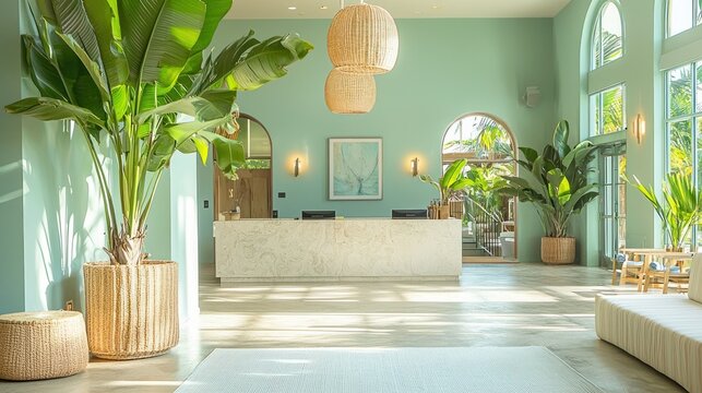 Tropical hotel lobby reception area with plants and light