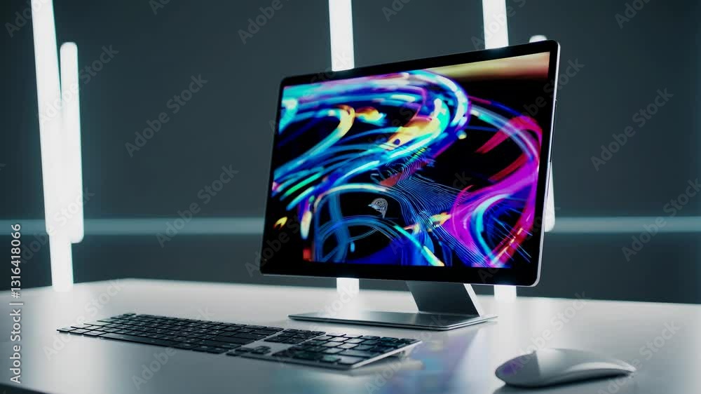 Poster modern workspace with a sleek computer displaying colorful light trails. low-angle shot emphasizes f