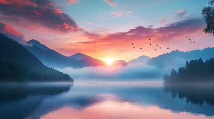 Serene sunrise over misty lake and mountains. (1)