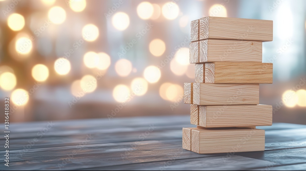 Aufkleber a stack of wooden blocks on a table with a blurred, warm bokeh background, creating a cozy, inviting