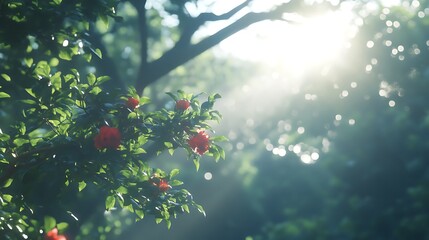 Red flowers bloom in a sunny forest with blurred background for nature designs