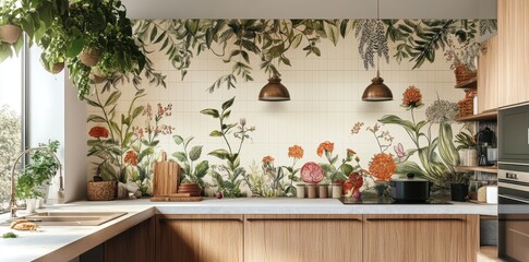 A modern kitchen decorated with floral design and wooden cabinets