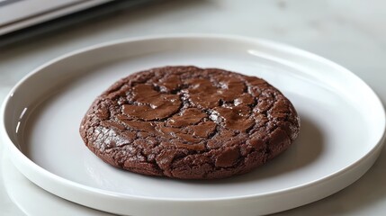 A single, dark chocolate cookie, its edges perfectly crisp, sits majestically on a pristine white magazine table, its glossy surface reflecting the soft, ambient light.