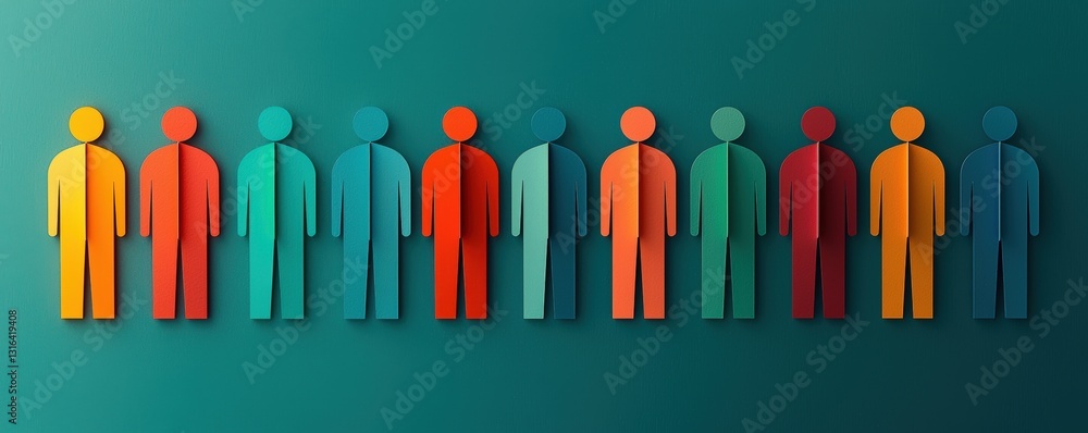 Poster a colorful illustration of human figures arranged in a line, representing diversity and unity in a m