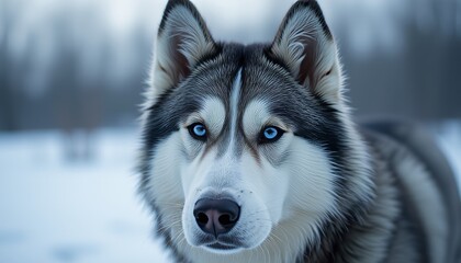  Mesmerizing Siberian Husky with piercing blue eyes and a thick fur coat against a snowy backdrop