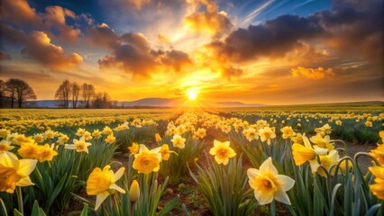 Fototapeta premium Daffodil Field at Sunset with Vibrant Sky and Scenic Landscape