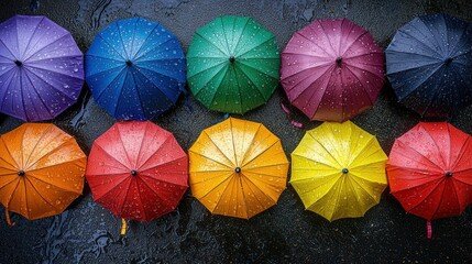 Naklejka premium Colorful umbrellas in rain, top view, wet pavement, city background. Possible use stock photo for weather, travel, or advertising