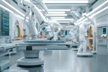 Futuristic hospital interior with advanced technology and sterile environment