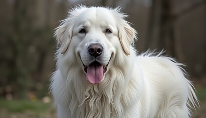 Joyful Great Pyrenees with a white coat and a happy demeanor in an outdoor setting