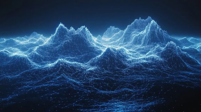 Futuristic digital terrain glowing blue network landscape