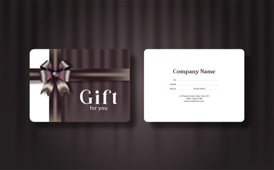 Gift card template with realistic ribbon and bow. Certificate, coupon, flyer design. Discount card for shop or boutique. Vector illustration	
