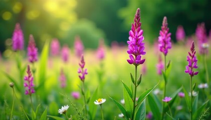 Fototapeta premium Purple pink loosestrife flowers blooming in a lush meadow, foliage, grassland, bloom