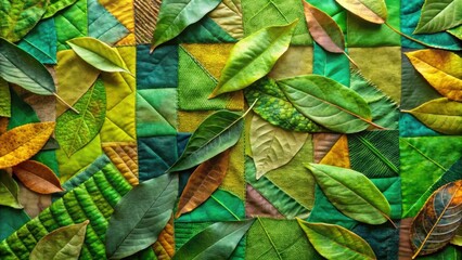 Leaf Patterns on Textured Fabric Background in Green and Brown Tones