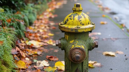 Naklejka premium Weathered yellow fire hydrant beside colorful autumn leaves