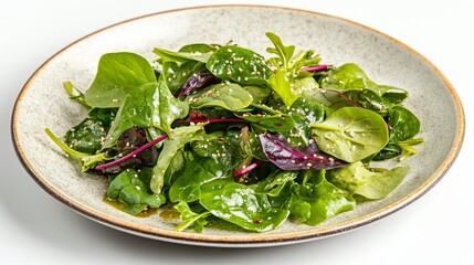 vibrant salad mix of chard, baby spinach, and microgreens, drizzled