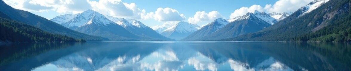 Fototapeta premium serene lake surface reflected snow-capped mountains, calm, mountain
