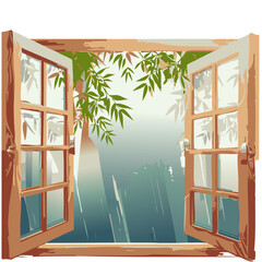 A serene vector illustration of an open wooden window overlooking lush green plants and a misty city skyline in the background.

