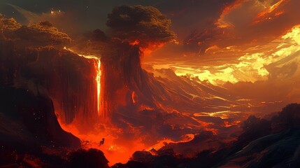 Fototapeta premium Fiery Lava Waterfall in a Surreal Volcanic Landscape