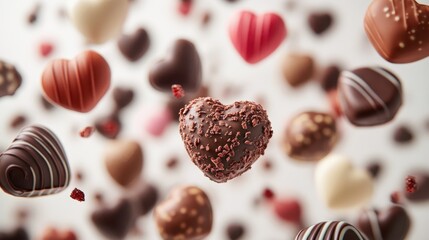Fototapeta premium A vibrant tableau of chocolate, where an assortment of shapes and sizes, from delicate hearts to playful swirls, defied gravity, floating against the stark white backdrop, creating an abstract