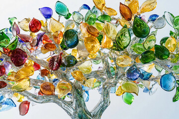 Colorful glass tree sculpture shines against a bright blue sky with white clouds during daylight hours