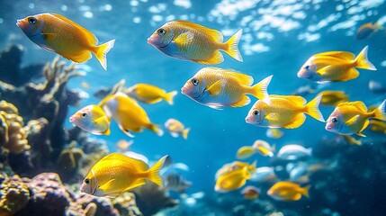 Naklejka premium Beautiful golden yellow fish swimming freely in the ocean water