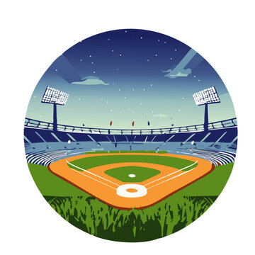 A stylized vector illustration of a baseball stadium at night, illuminated by bright floodlights under a starry sky.

