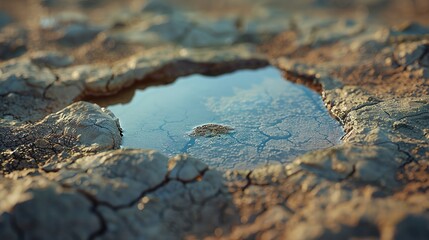 A detailed shot of a water reservoir reduced to a small puddle in the middle of a dry basin.