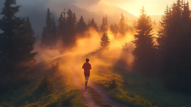 Runner On A Path Through Misty Mountains At Sunset