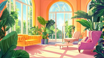 A sunlit room interior featuring many indoor potted green plants