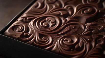 A box of dark chocolate, its surface adorned with intricate swirls and embossed patterns, beckoned with the promise of pure indulgence.