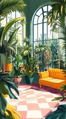 Fototapeta premium An interior scene featuring a lush garden and seating furniture