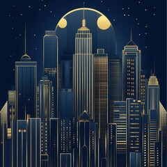 An art deco illustration of a golden and blue cityscape