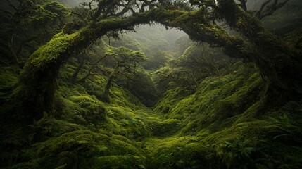 Lush Green Forest Path Arching Trees in Mist