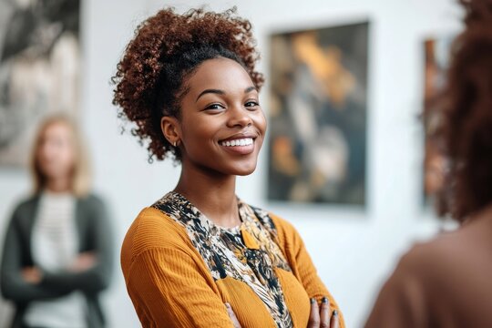 Portrait of cheerful young Black female creator standing in front of art gallery exhibition visitors speaking about photos