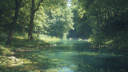 Sunlit Forest River Scene: Lush Green Trees and Calm Water