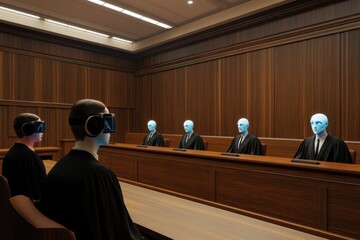 Virtual court session with avatars presiding over a legal matter in a futuristic courtroom