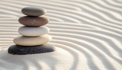 Stacked pebbles on rippled white sand in a serene desert landscape, symbolizing mindfulness, meditation, balance, calmness, tranquility, relaxation, and inner peace in nature-inspired minimalism