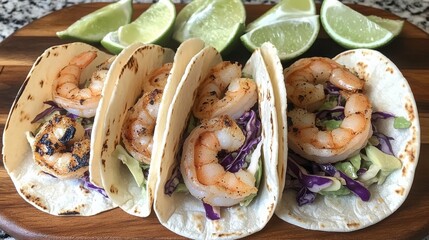Shrimp Tacos with Cabbage Slaw and Avocado Slices