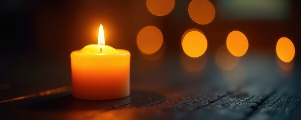 Softly glowing candle on a dark background, with golden light spreading outwards, golden bokeh, warm lighting, warm tones