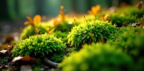 Softly glowing emerald moss amidst golden leaves, moss habitat, forest floor