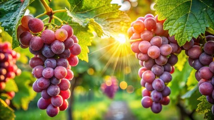 Fresh Grapes in Vineyard with Sunlight and Green Leaves Background
