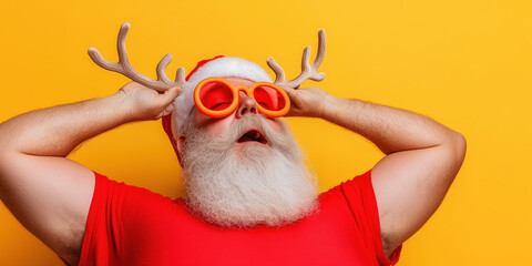 Santa in red outfit with reindeer antlers and orange sunglasses on yellow background, Christmas in July 