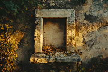 Ancient Stone Shrine, A Relic of a Forgotten Civilization, Covered with Vines and Leaves
