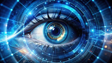 Futuristic Blue Eye with Digital Elements and Glowing Effects