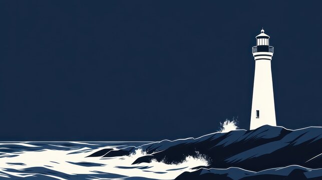 A tall white lighthouse illuminates the rocky coast with ocean waves