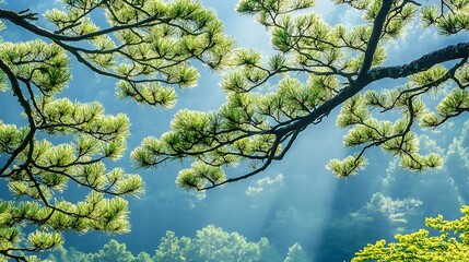 Sunlight Dappling Through Spring Pine Branches in a Mountain Forest AI Generated