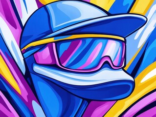 Fototapeta premium Vibrant abstract illustration of a figure in sunglasses against colorful background