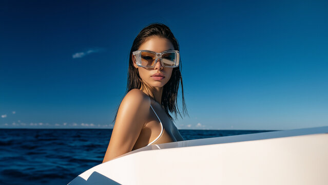 Junge Frau mit Sonnenbrille auf wei&szlig;em Boot vor blauem Meereshintergrund