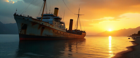 Naklejka premium Abandoned Ship at Sunset Over Calm Waters