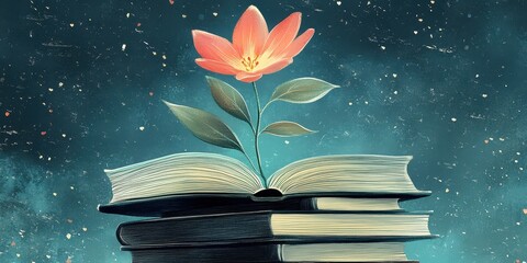 A flower grows from knowledge provided by stacked open books